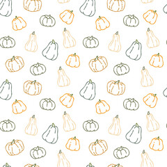 感謝祭　カラフル　カボチャ　シームレス　パターン/ Hand Drawn Colorful Thanksgiving Line Art Pumpkin Seamless Pattern - Vector Image