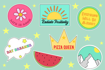 patch, print, background, banner, label, pink, girls, girls fashion, bubble speech, elements, trendy, imagination, patchwork, smile, pin, funny, words, quotes, stickers, illustration, set, vector, cut