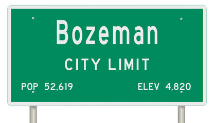 Rendering of a green Montana highway sign with city information