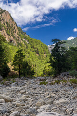 Dry riverbed and towering cliffs in a huge natural gorge (Samaria Gorge, Crete, Greece)