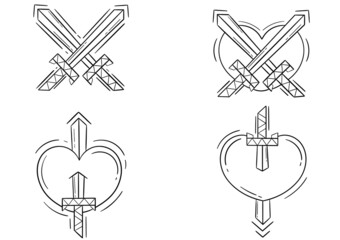 Fototapeta na wymiar a collection of heart and sword outline illustrations and a heart pierced by a sword