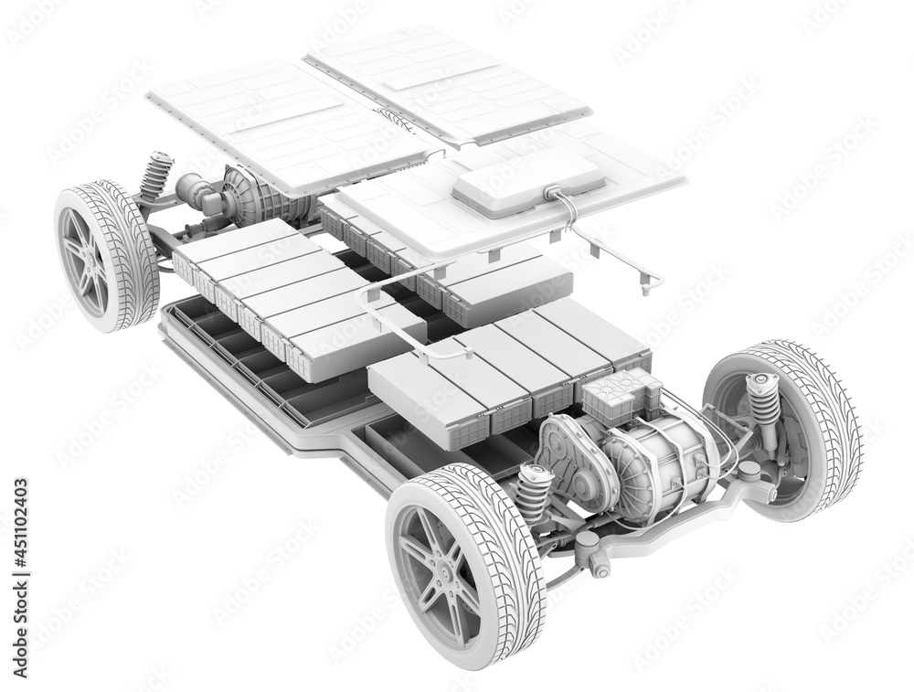 Poster explode view of electric vehicle chassis equipped with battery pack . 3d clay rendering image.