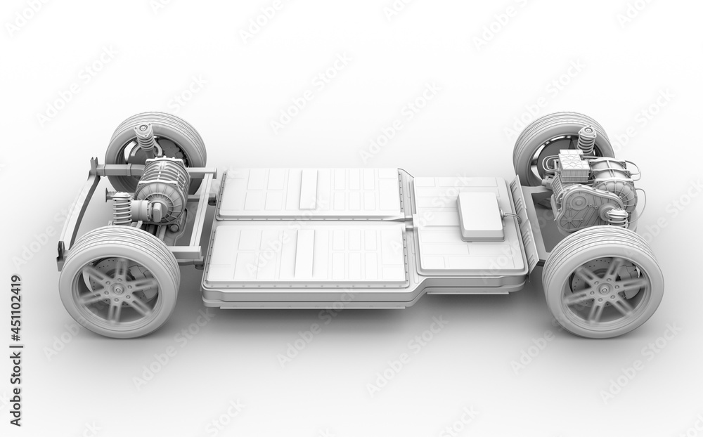 Poster clay rendering of electric vehicle chassis equipped with battery pack . 3d rendering image.