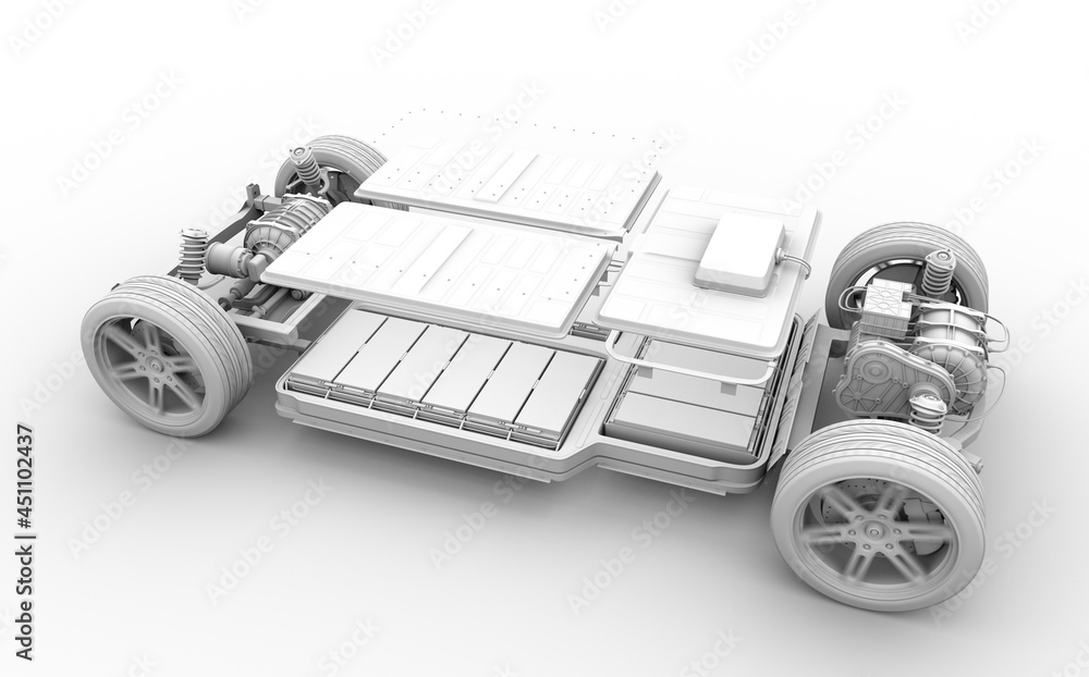 Poster explode view of electric vehicle chassis equipped with battery pack . 3d clay rendering image.