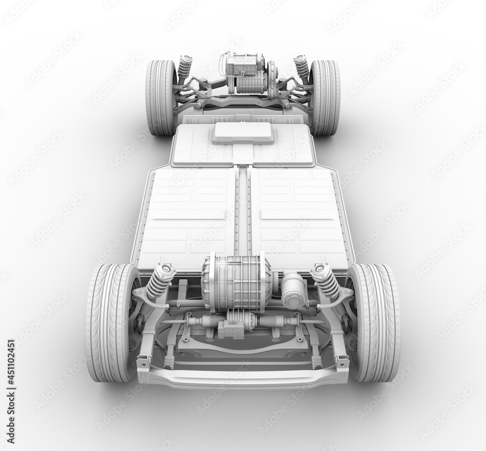 Poster clay rendering of electric vehicle chassis equipped with battery pack . 3d rendering image.
