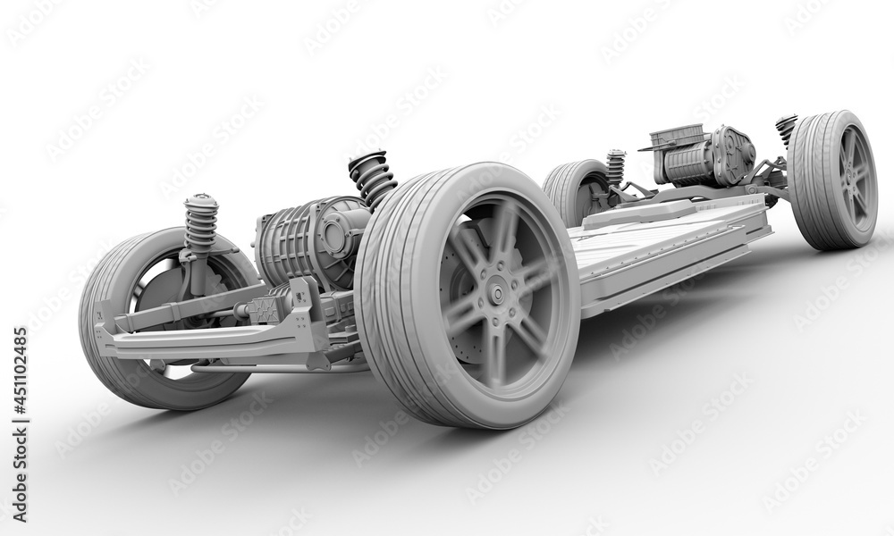 Poster clay rendering of electric vehicle chassis equipped with battery pack . 3d rendering image.