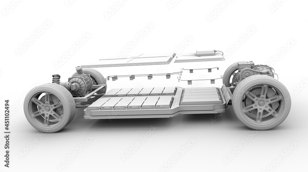 Poster explode view of electric vehicle chassis equipped with battery pack . 3d clay rendering image.