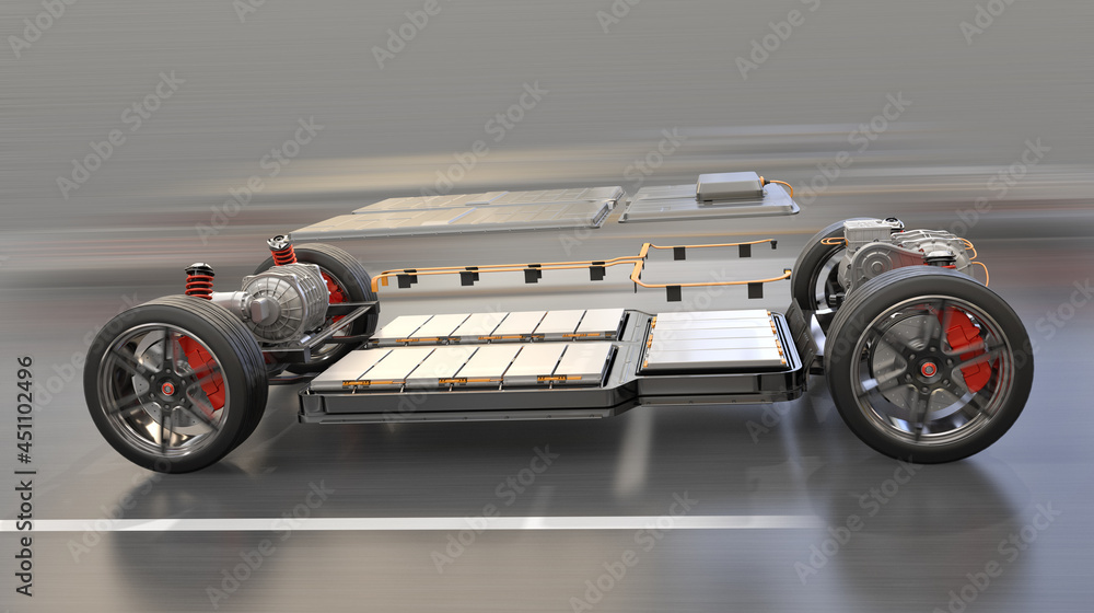 Poster explode view of electric vehicle chassis equipped with battery pack driving on the road. 3d renderin