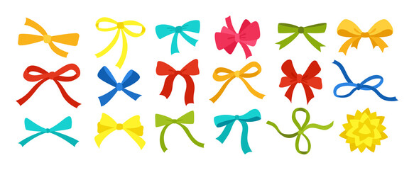 Bow ribbon colorful cartoon flat set for Birthday Party. Festive decoration, packaging, invitation elements for sale shopping Valentine Day or Wedding design. Holiday anniversary surprise gift symbol