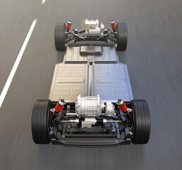 Electric vehicle chassis equipped with battery pack driving on the road. 3D rendering image. - obrazy, fototapety, plakaty