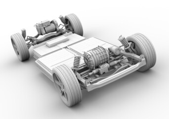 Clay rendering of electric vehicle chassis equipped with battery pack . 3D rendering image.