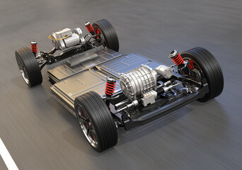 Electric vehicle chassis equipped with battery pack driving on the road. 3D rendering image.