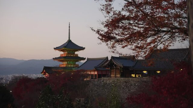 Kiyomizu Dera Temple in Autumn, Kyoto Japan. Sunset Shot