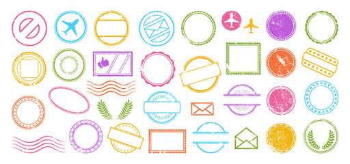 Postal Stamp frame colorful grunge empty set. Banners icon border postmark pack. Texture blank imprints stamps. Document and package, letter insignia collection round and square stamp symbol label