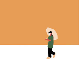 Fototapeta na wymiar Young woman in protective mask walking city street under transparent umbrella during rain. Urban life concept, town street, walking outdoors, cartoon style vector illustration.