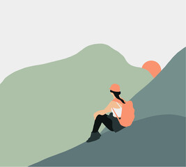 Woman with backpack sitting on a cliff looking sunset. Minimalist style, Flat design. Travel concept of discovering, exploring, observing nature. Adventure tourism. Hiking