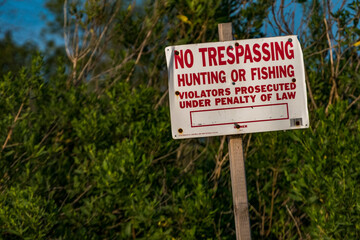 Solomons Maryland USA, A sign in the Patuxent river saying no trespassing.
