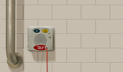 Patient bathroom pulls red line for help to alert buzzer by medical or health attendant personnel....