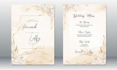   Luxury wedding invitation card template with rose bouquet watercolor gold background