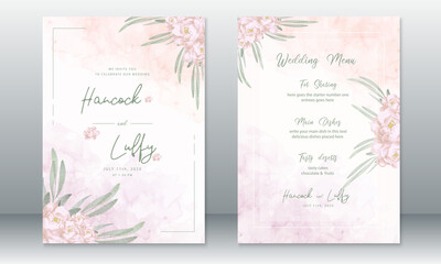  Luxury wedding invitation card template elegant of rose and green leaf with watercolor pink background