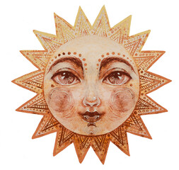 Watercolor sun with face, cute mystical watercolor drawing for astrology, boho design. Pagan divine illustration isolated on white background.