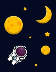 Cute astronaut mascot character flying spaces with yellow moon and star cartoon vector icon illustration