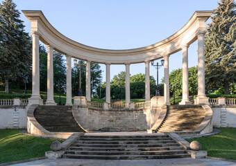 Snow-white colonnade at dawn in the city of Kislovodsk, Russia - the symbol of the city