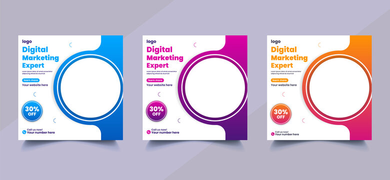 Set of Editable Square banner Digital business marketing social media post template Blue and Yellow background Gradient shape vector