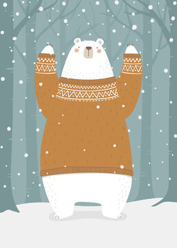 Polar bear with sweater in the winter forest. Cartoon style hand drawn vector illustration. For greeting card, poster, web banner, etc.