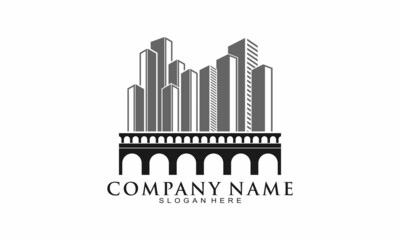 Obraz premium Bridge in the city building vector logo