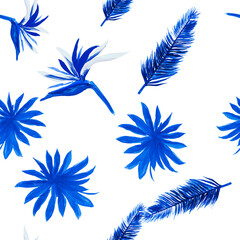 Indigo Pattern Nature. White Seamless Textile. Navy Tropical Painting. Blue Flower Palm. Azure Floral Vintage. Wallpaper Exotic. Decoration Palm.