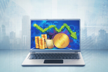 Laptop screen showing money and declining arrow