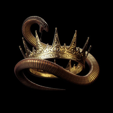 Golden crown with black snake on dark background	
