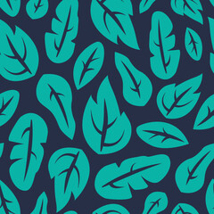 Quirky leaf seamless vector pattern. Vibrant, bold aqua, teal jungle leaves on navy blue background. Hand drawn illustrated, flat design repeat wallpaper texture. Botanical, summer nature art print.  
