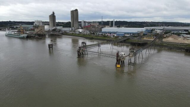 Hanson Ready-mixed Concrete site Erith Kent  on  River Thames UK Aerial footage