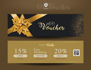 Collection of discount gift voucher template with ribbons bow and promo code. Detailed and realistic Vector illustration. - obrazy, fototapety, plakaty