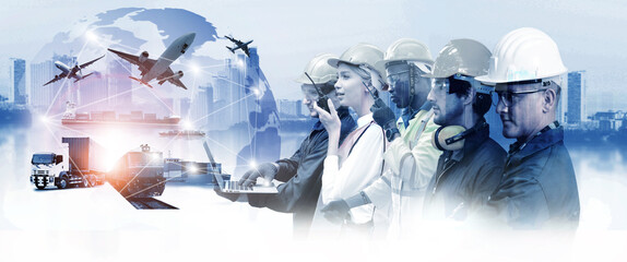 The world logistics , there are world map with logistic network distribution on background and...