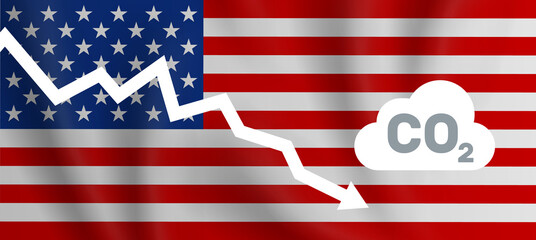 USA reducing co2 carbon dioxide emission  graph down american flag background vector illustration
