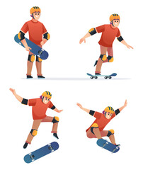 Fototapeta na wymiar Set of young boy playing skateboard in various poses illustration