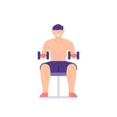 illustration of a man sitting holding dumbbells. train the muscles of the hands, triceps, biceps. sports activities, lifting weights. gum and fitness. bodybuilding. flat cartoon style. vector design