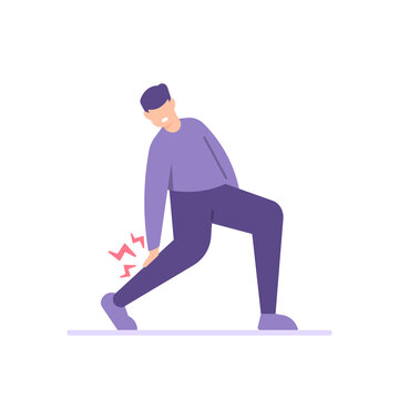 illustration of a man who is in pain because his calf or leg feels sore. holding feet, nerve disease and inflammation of the muscles. the expression of the person who feels pain. flat cartoon style