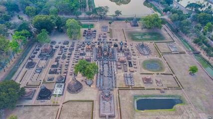 Sukhothai Historical Park in Sukhothai province, Thailand. Aerial view from flying drone