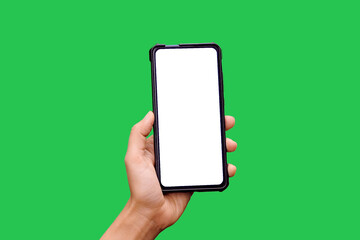 Woman hand holding the smartphone with blank screen on chroma key green screen background.