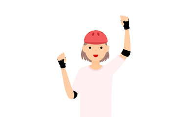 笑顔で大きくガッツポーズをする女の子のスケーター