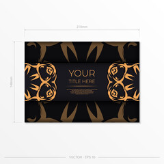 Rectangular Vector Dark color postcard template with abstract patterns. Print-ready invitation design with vintage ornaments.