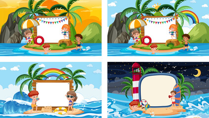Set of different tropical beach scenes with blank banner