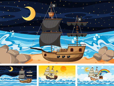 Set of Ocean with Pirate ship at different times scenes in cartoon style © brgfx