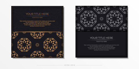 Square Vector Dark color postcard template with abstract patterns. Print-ready invitation design with vintage ornaments.