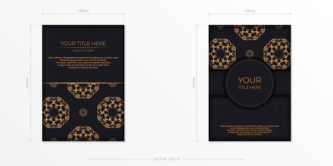 Rectangular Dark color postcard template with abstract ornament. Print-ready invitation design with vintage patterns.
