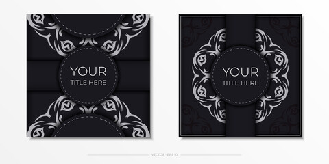 Square Postcard template in dark color with abstract patterns. Vector Print-ready invitation design with vintage ornaments.